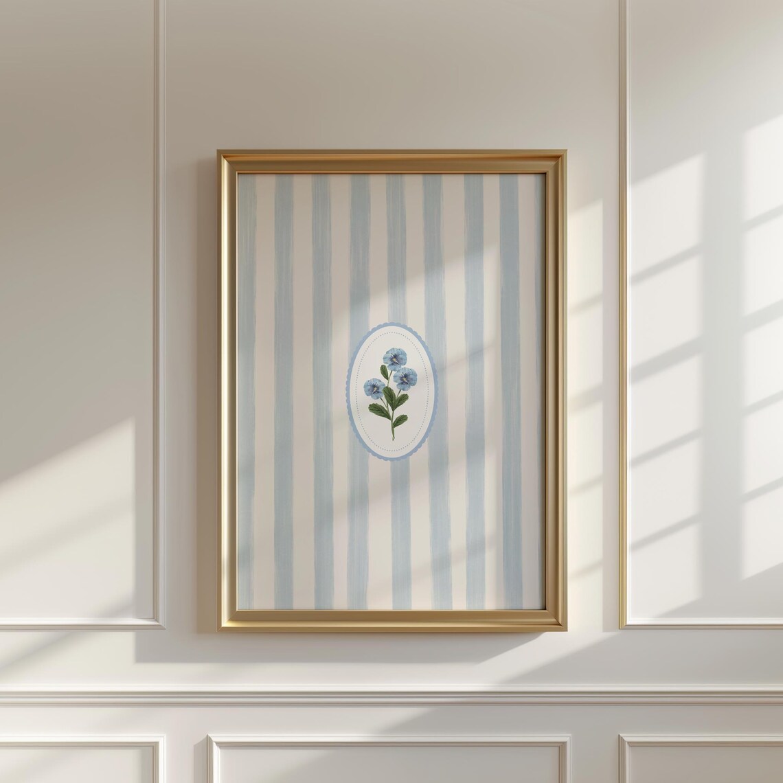 Blue Striped Minimal Floral Art Print, Vintage Cottage - Image 2