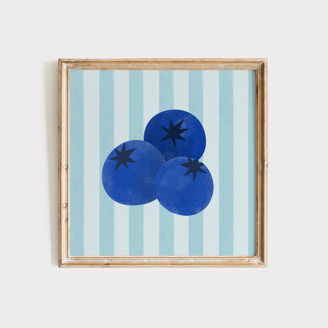 Blueberry Trio Illustration on Blue Striped Background Poster - Image 2