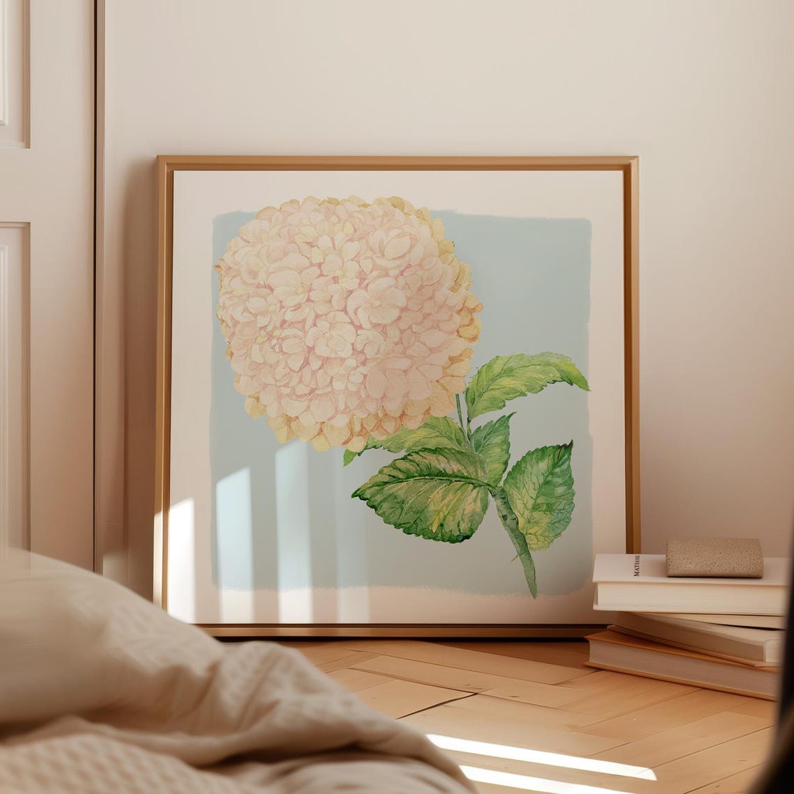 Cream Blush Hydrangea Cluster Watercolor Botanical Wall Art Print - Image 2