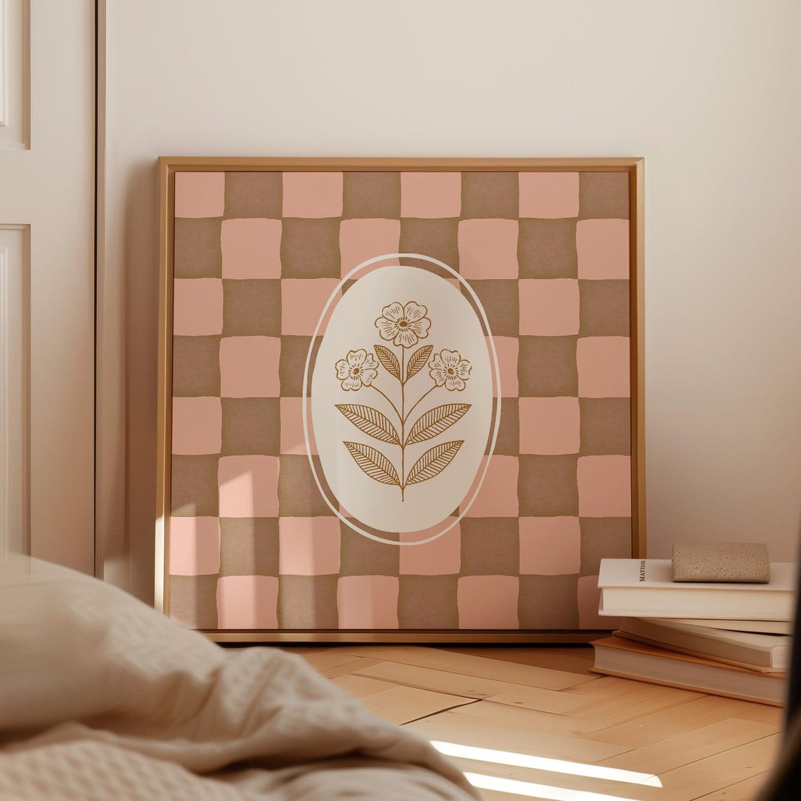 Mauve Rose Gold Floral Oval on Pink Checkered Modern Botanical Print