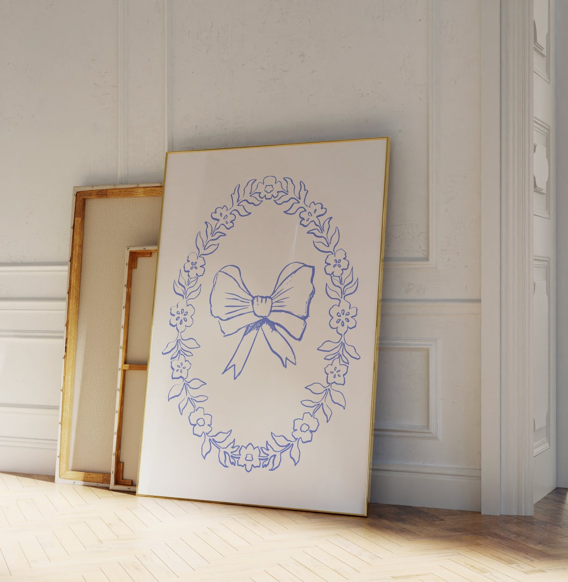 Vintage Framed Blue Bow Wall Art Nursery Art Abstract Vintage Painting Cottagecore Decor Art