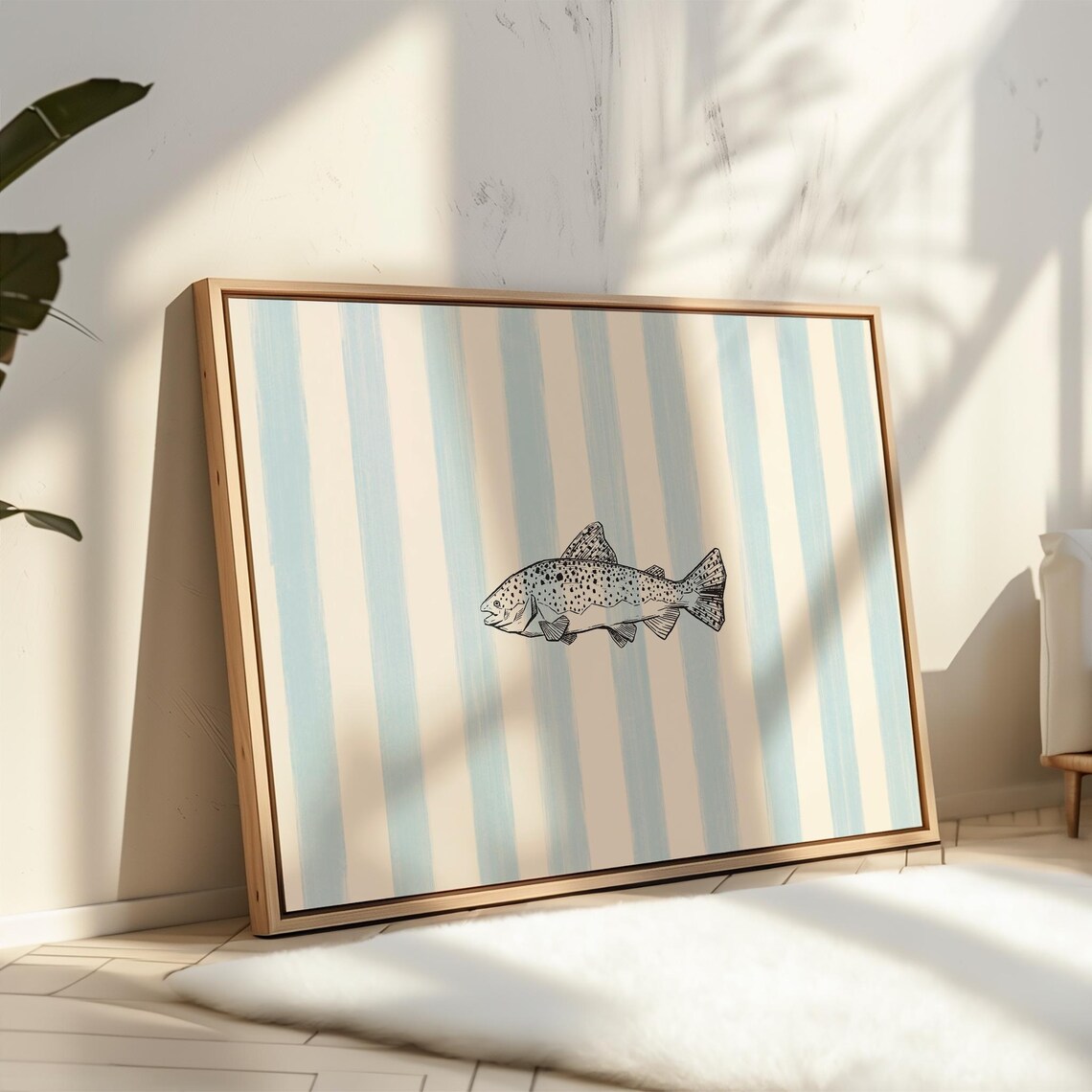 Blue Striped Fish Art Print, Coastal Cottagecore - Image 2