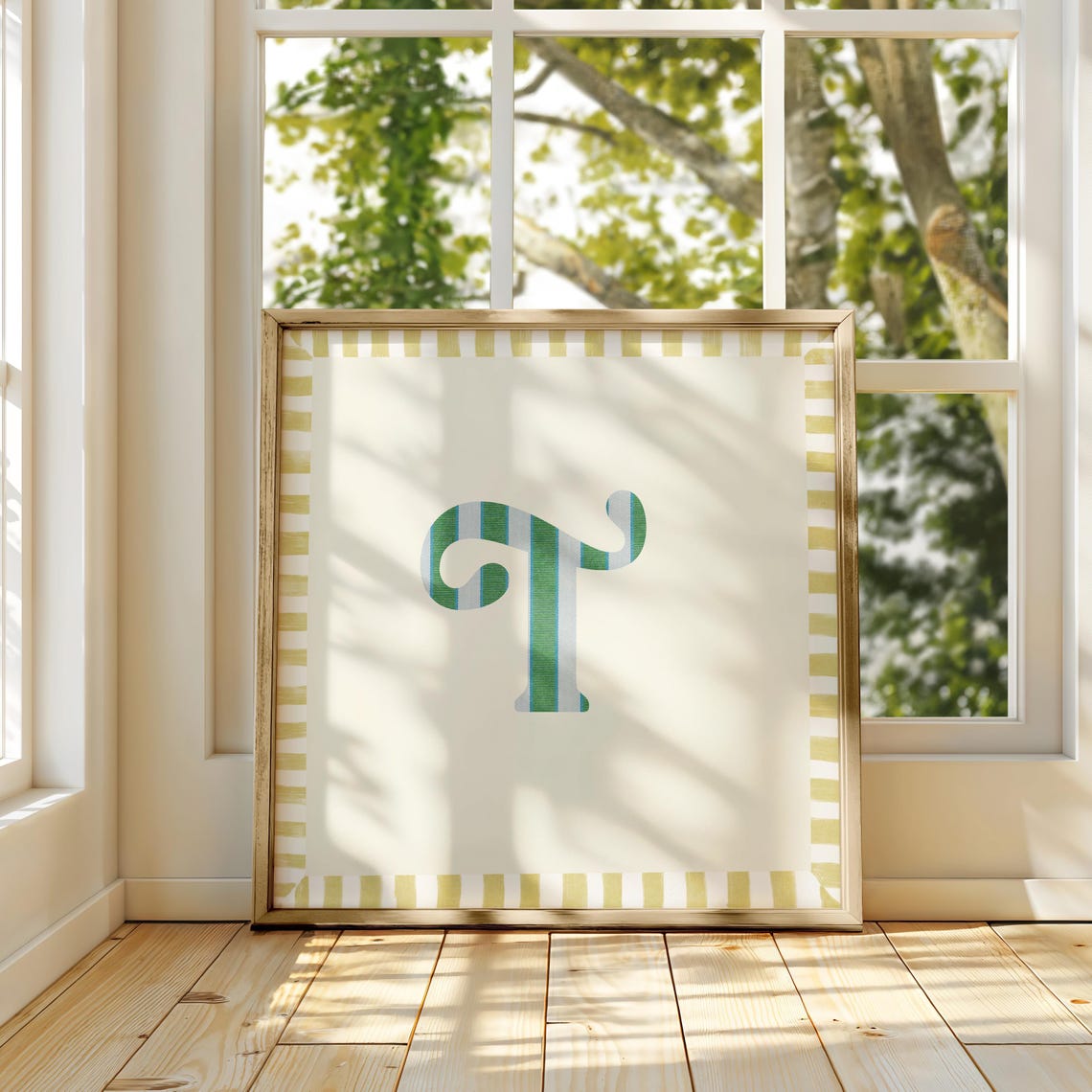 Swash Letter T Green Blue Striped Monogram Cream Framed Art Print - Image 4