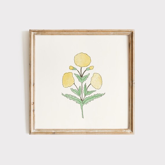 Hand Drawn Yellow Dahlia Stem Watercolor on Cream Minimal Floral Poster