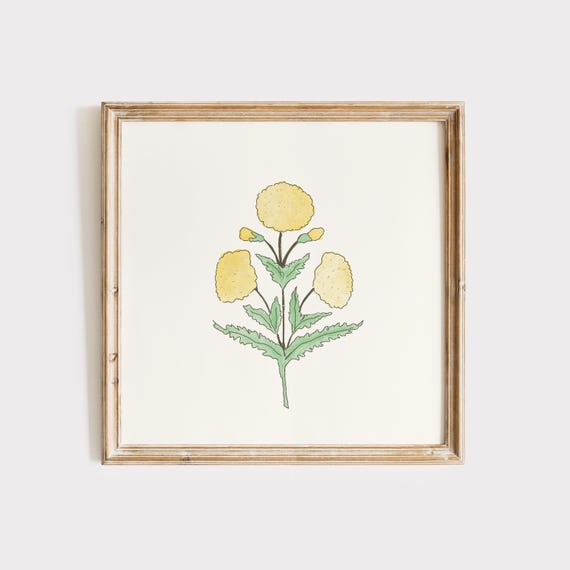 Yellow Dahlia Stem Watercolor Print Wall Art Print Living Room Cottage Art Print Print Nursery Art Vintage Square