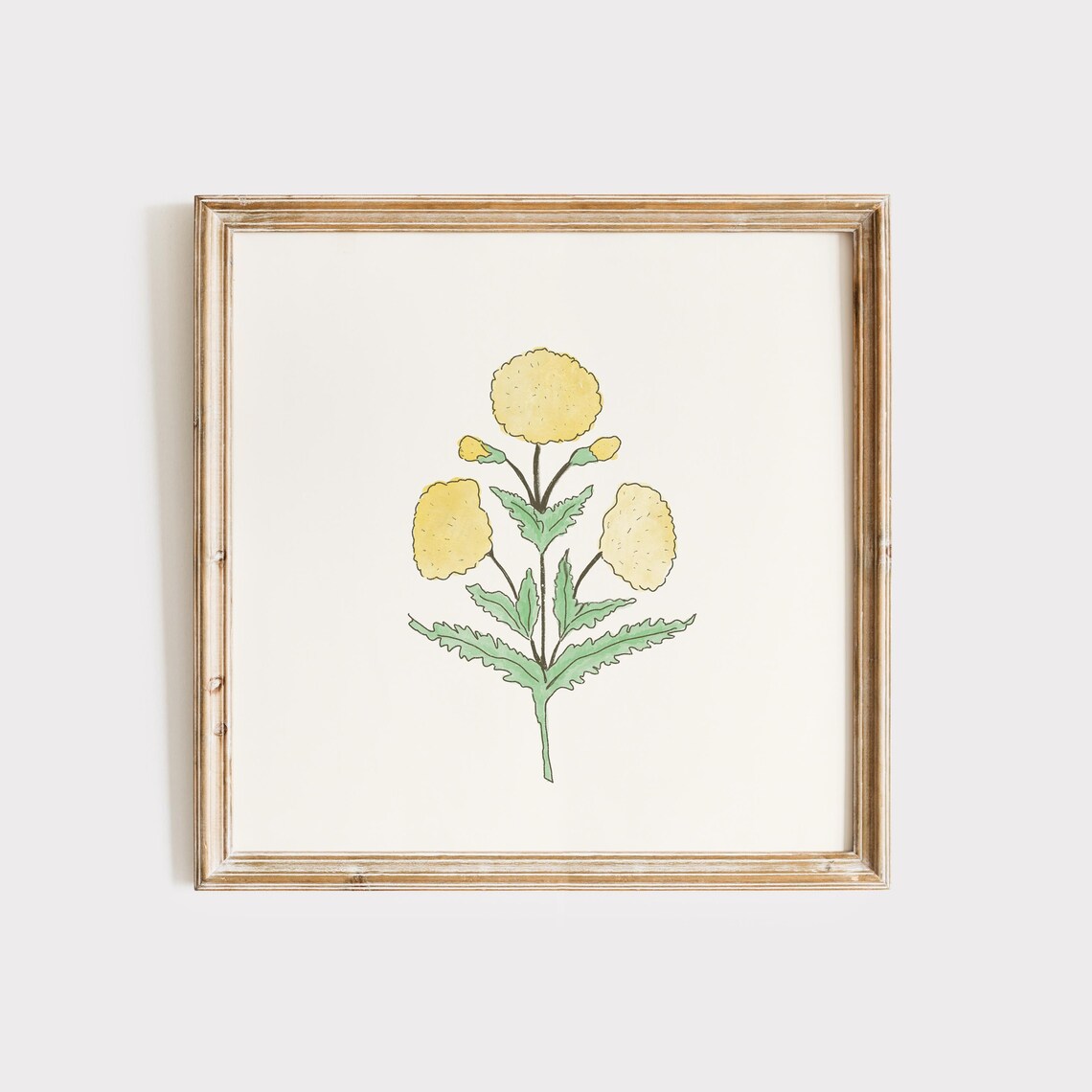 Hand Drawn Yellow Dahlia Stem Watercolor on Cream Minimal Floral Poster