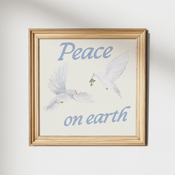 Peace on Earth Blue Script with White Doves Christmas Poster