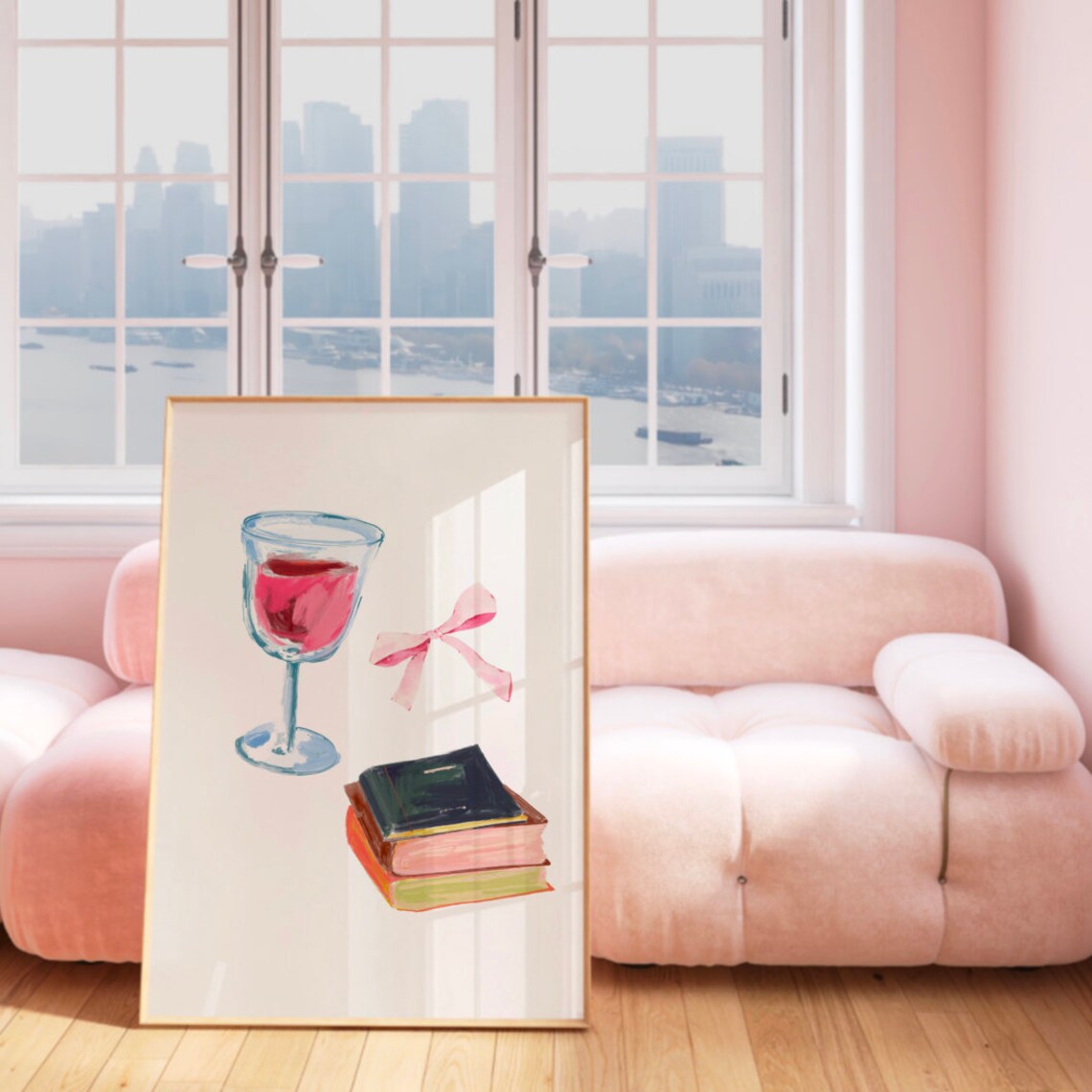 Book Club Wine Glass and Stacked Books Coquette Illustration Poster - Image 3