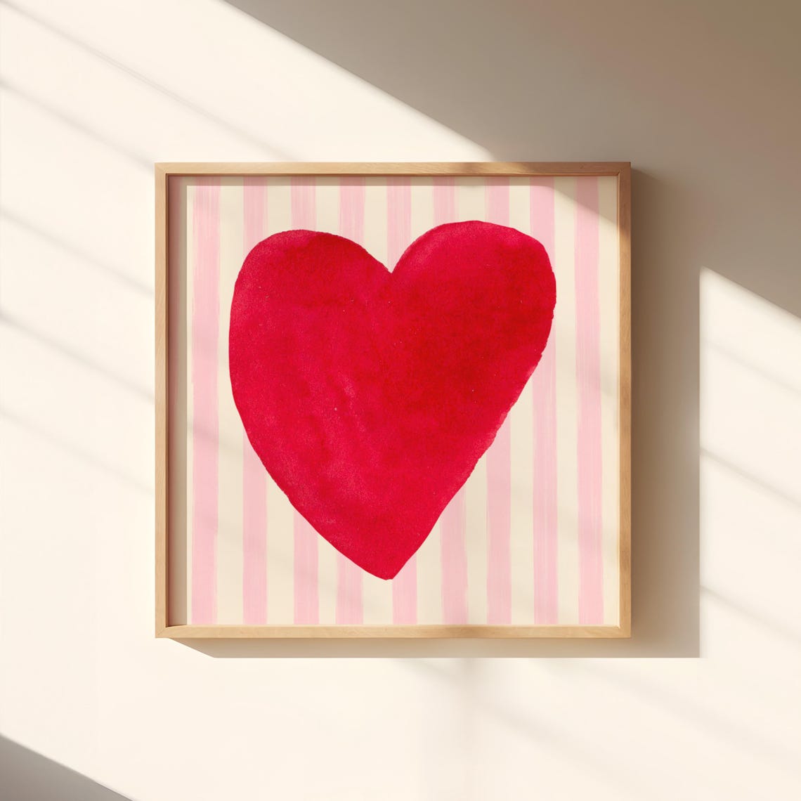 Bright Red Watercolor Heart Pink Striped Square Valentine Art Poster - Image 3