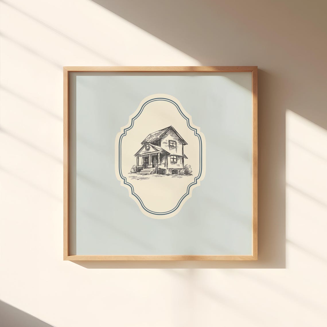 Vintage House Sketch Baby Blue Ornate Square Cottage Nursery Poster - Image 2