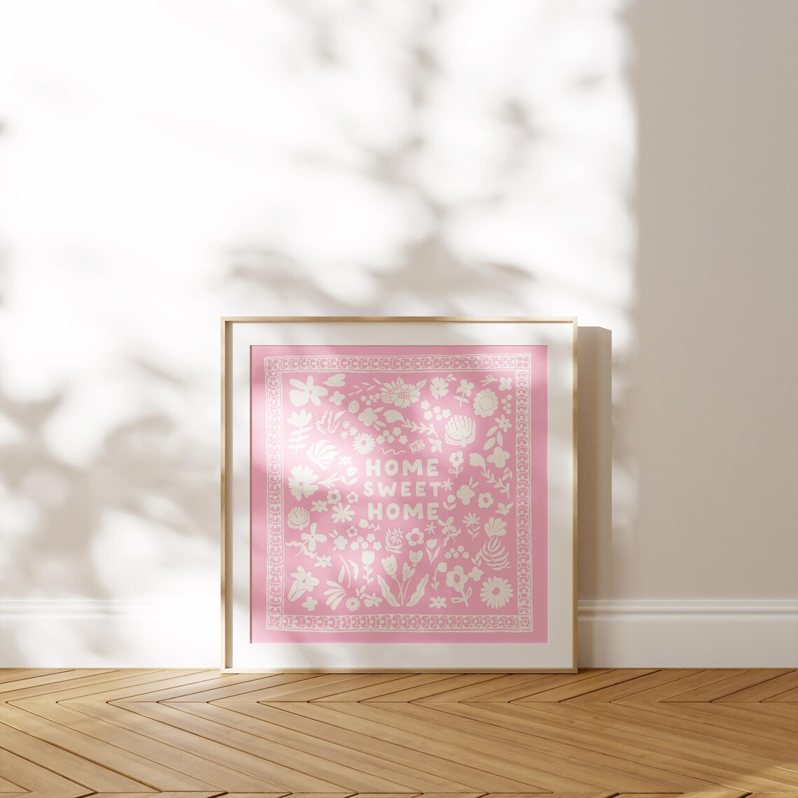 Home Sweet Home Pink Floral Block Letter Folk Style Square Poster - Image 2