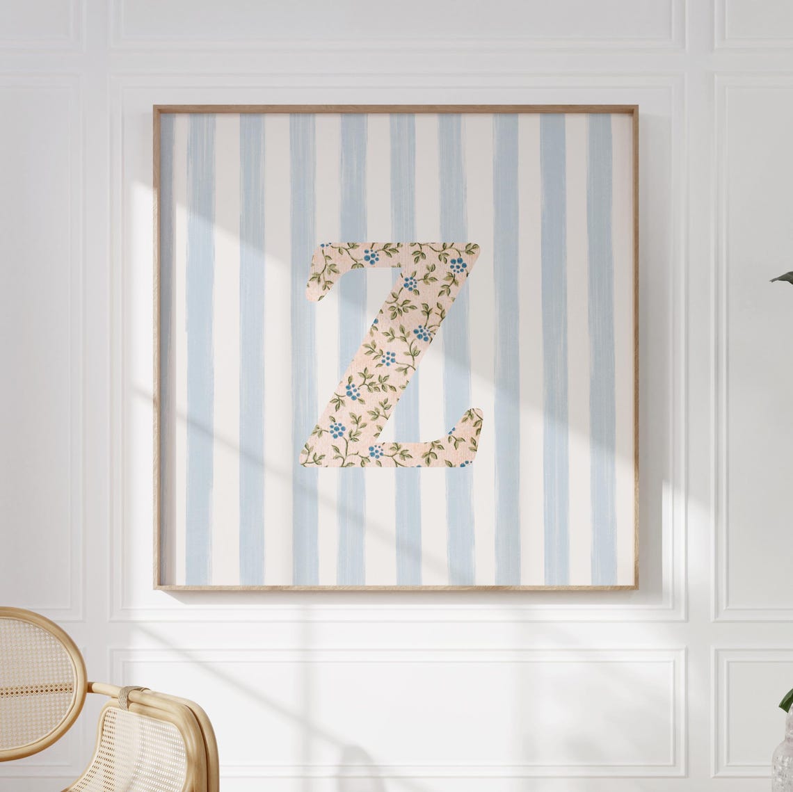 Floral Chintz Letter Z Monogram Initial Blue Striped Wall Poster