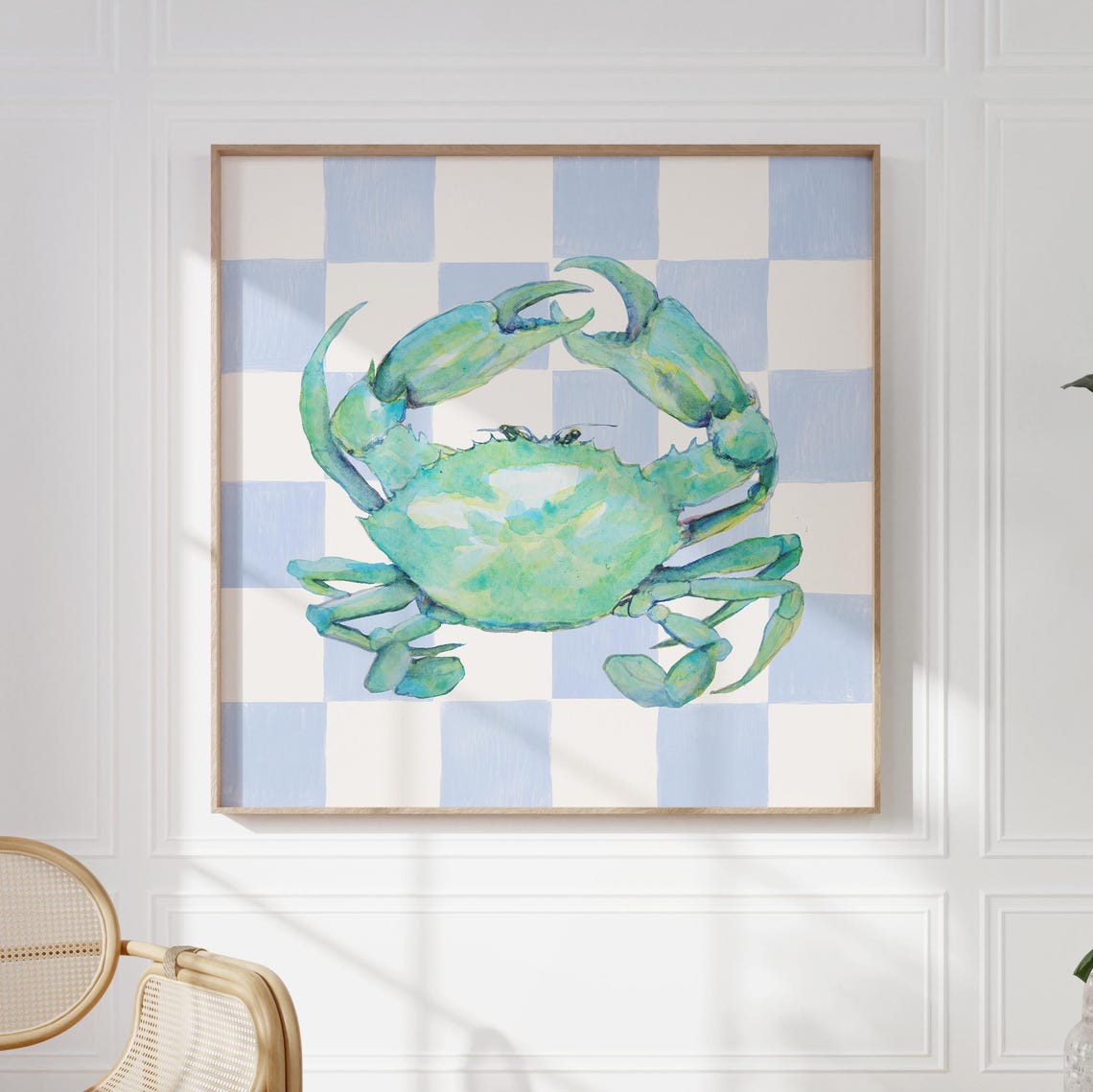 Teal Watercolor Crab Blue Checkered Background Coastal Wall Poster - Image 5