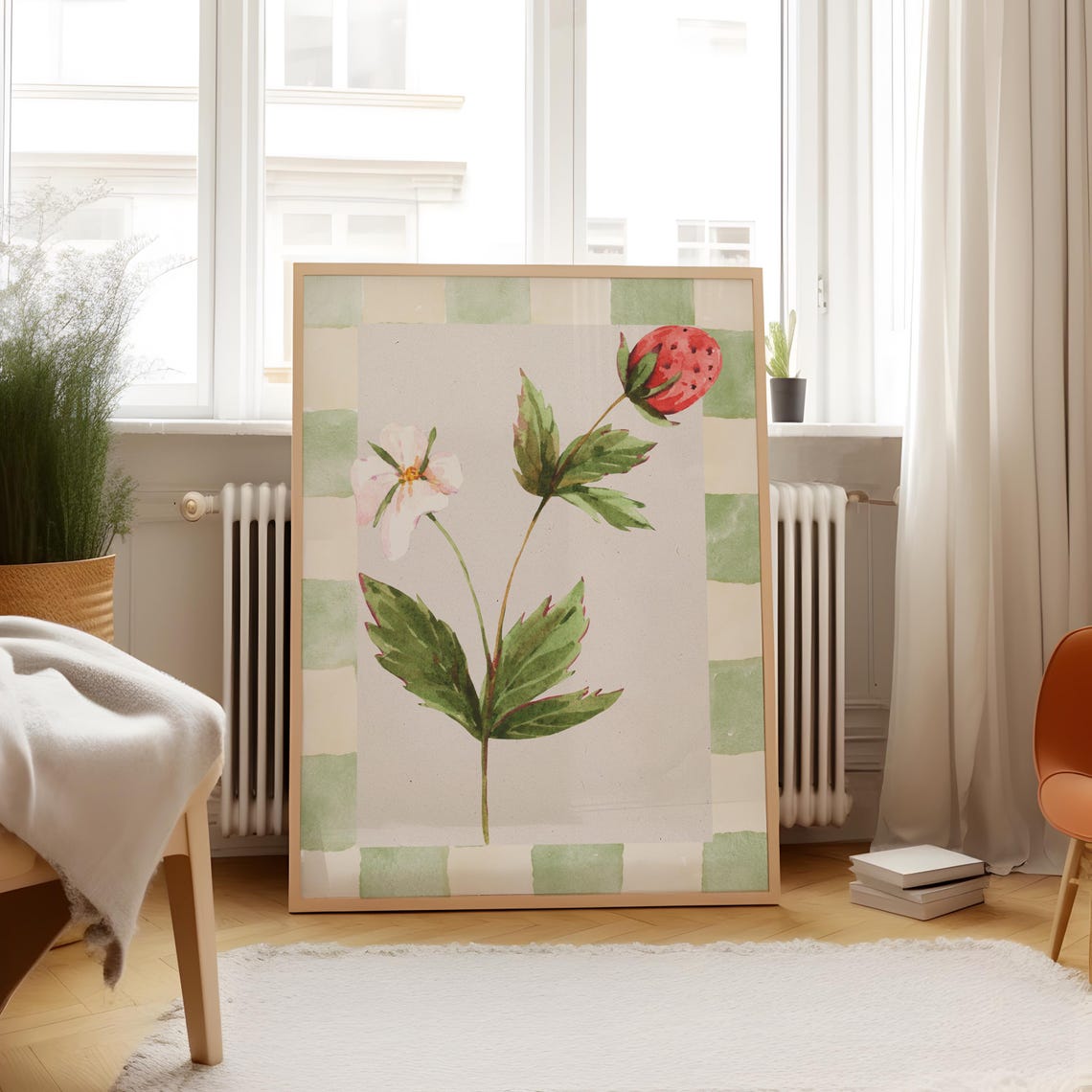Strawberry Plant Botanical Blossom Checkerboard Watercolor Poster