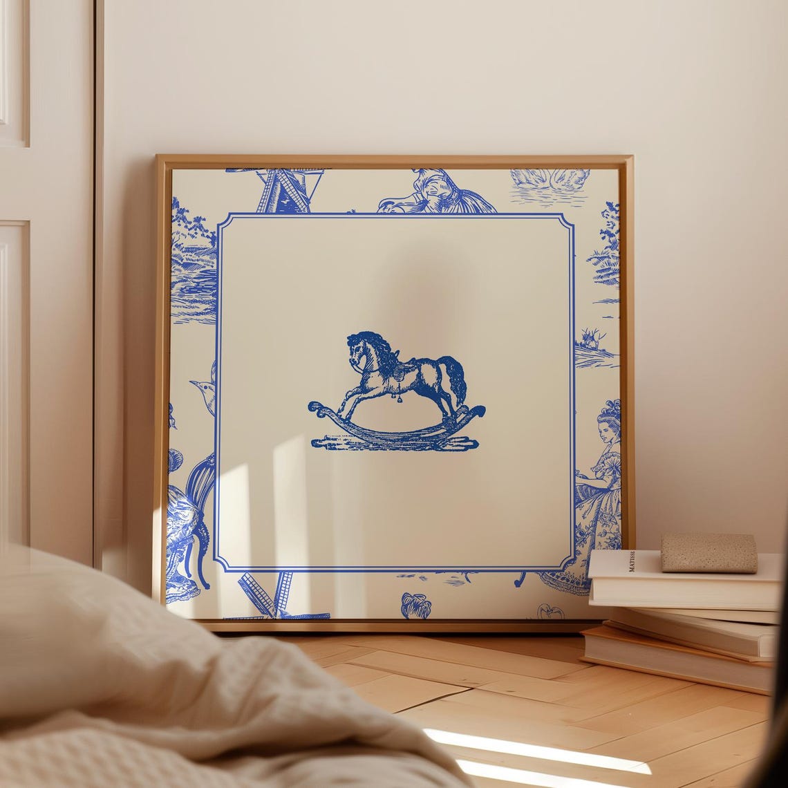Blue Toile Border Vintage Rocking Horse Engraving Nursery Poster - Image 4