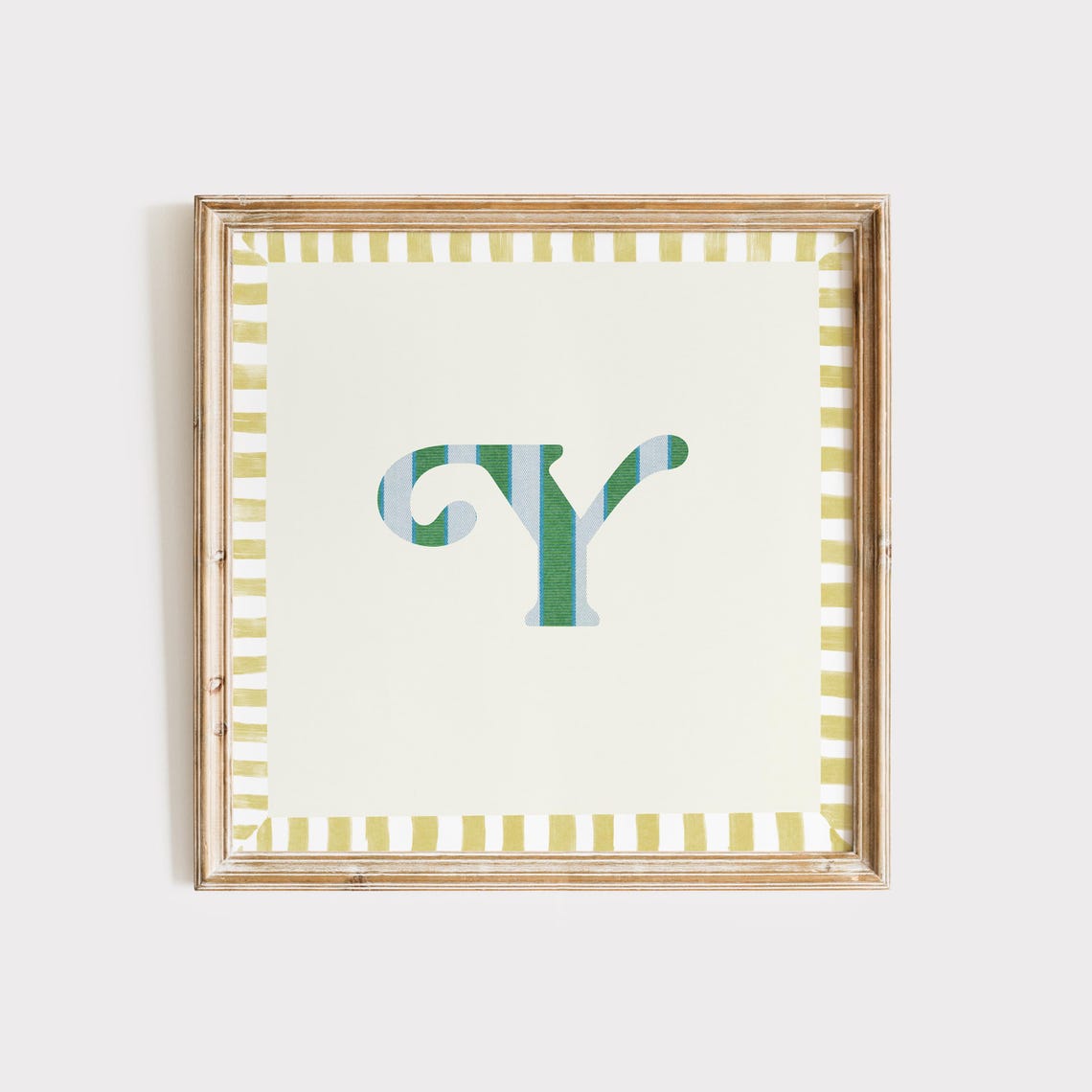 Swash Letter Y Green Blue Striped Monogram Cream Framed Art Print