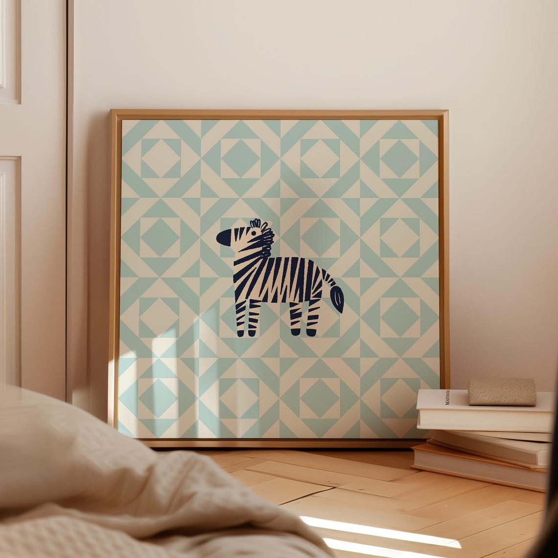 Cute Navy Zebra Blue Geometric Quilt Patchwork Kids Nursery Poster - Image 4
