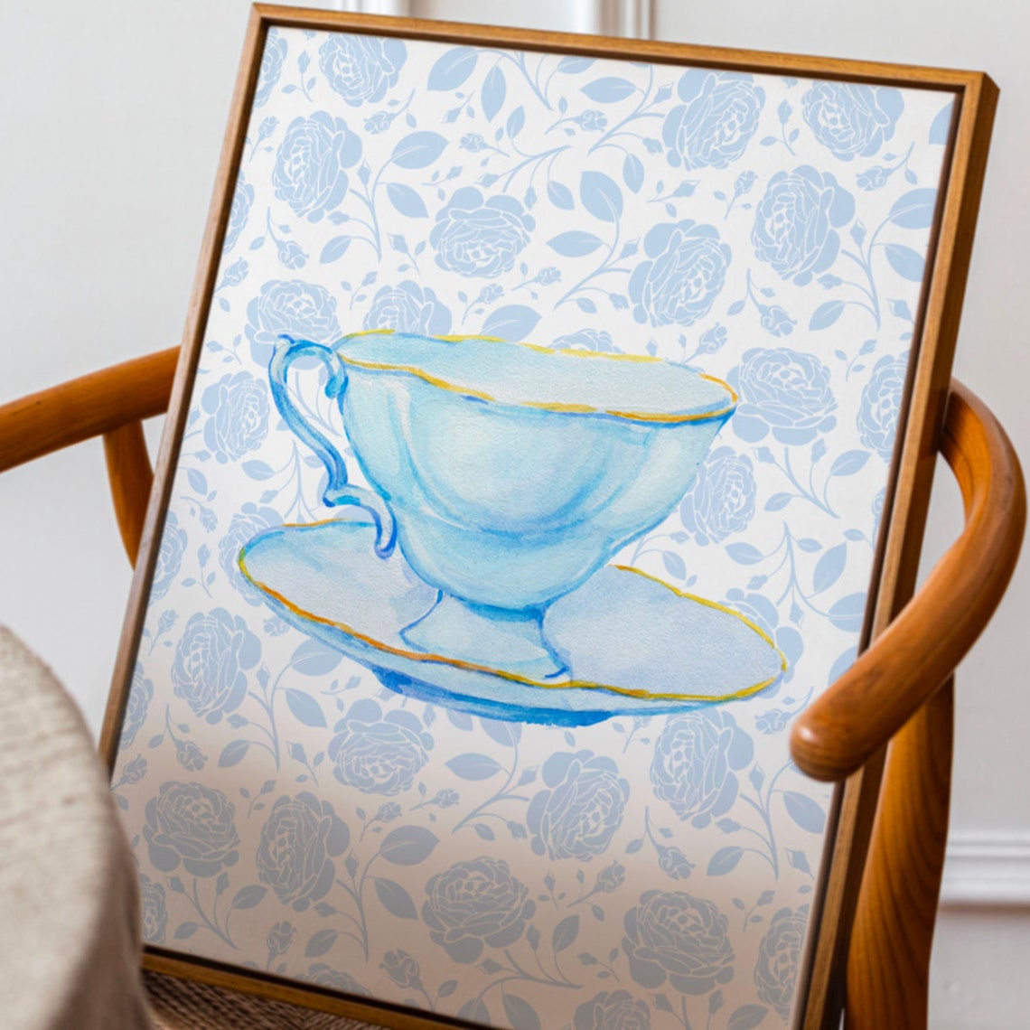 Blue Watercolor Teacup Gold Rim Rose Pattern English Tea Poster - Image 2