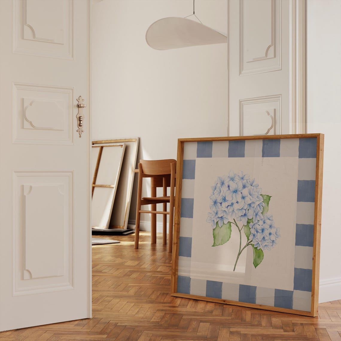 Blue Hydrangea Watercolor Branch Striped Gingham Border Poster - Image 2