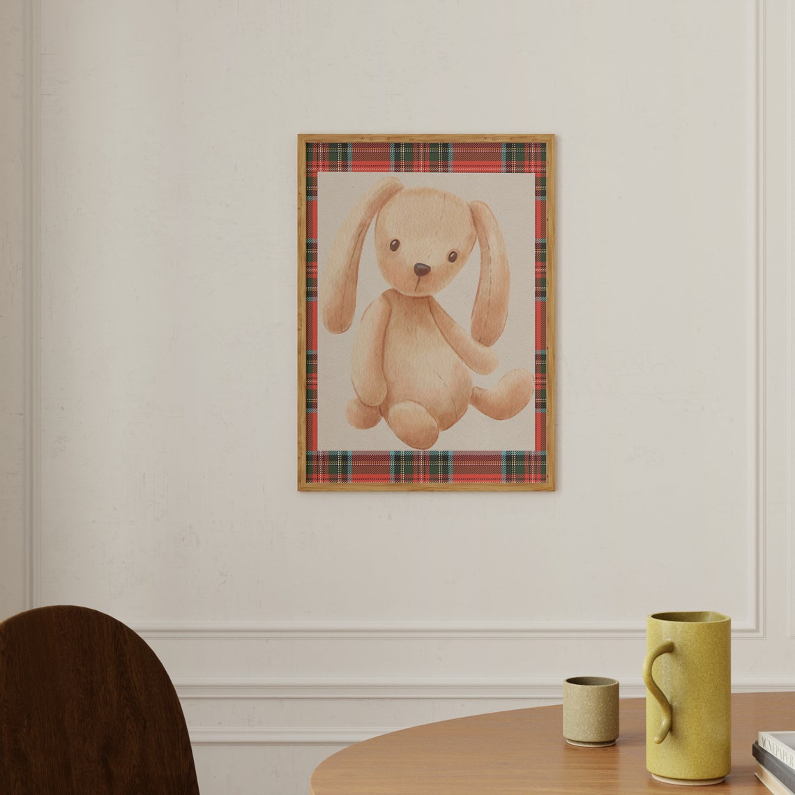 Watercolor Bunny Plush Floppy Ear Red Plaid Border Nursery Poster - Image 2