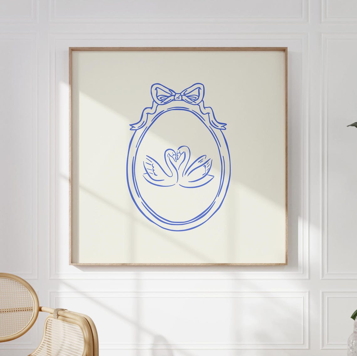 Blue Line Two Kissing Swans Love Romantic Bow Oval Frame Art Print - Image 3