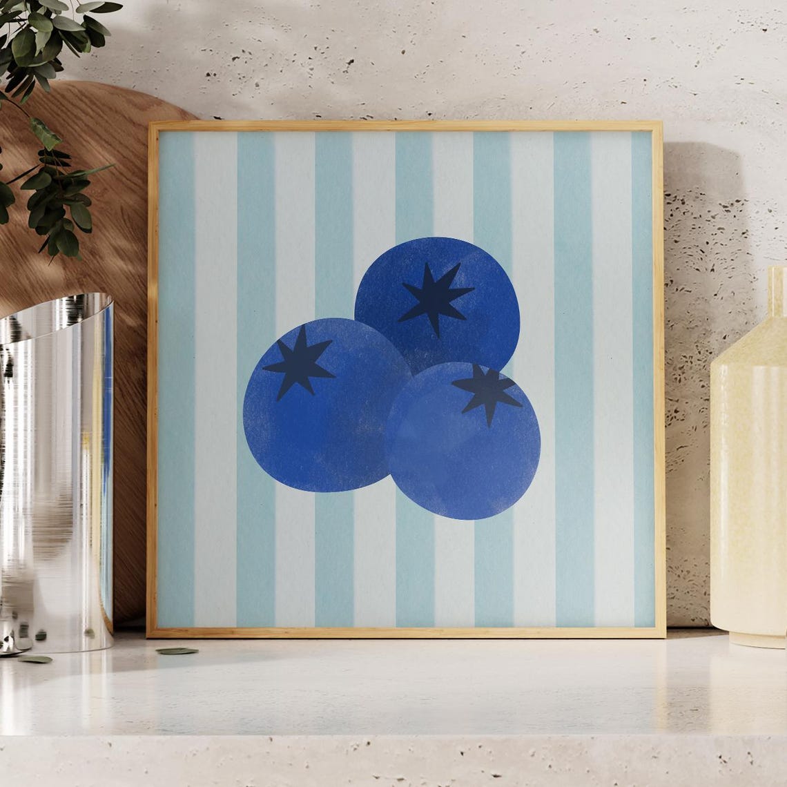 Blueberry Trio Illustration on Blue Striped Background Poster
