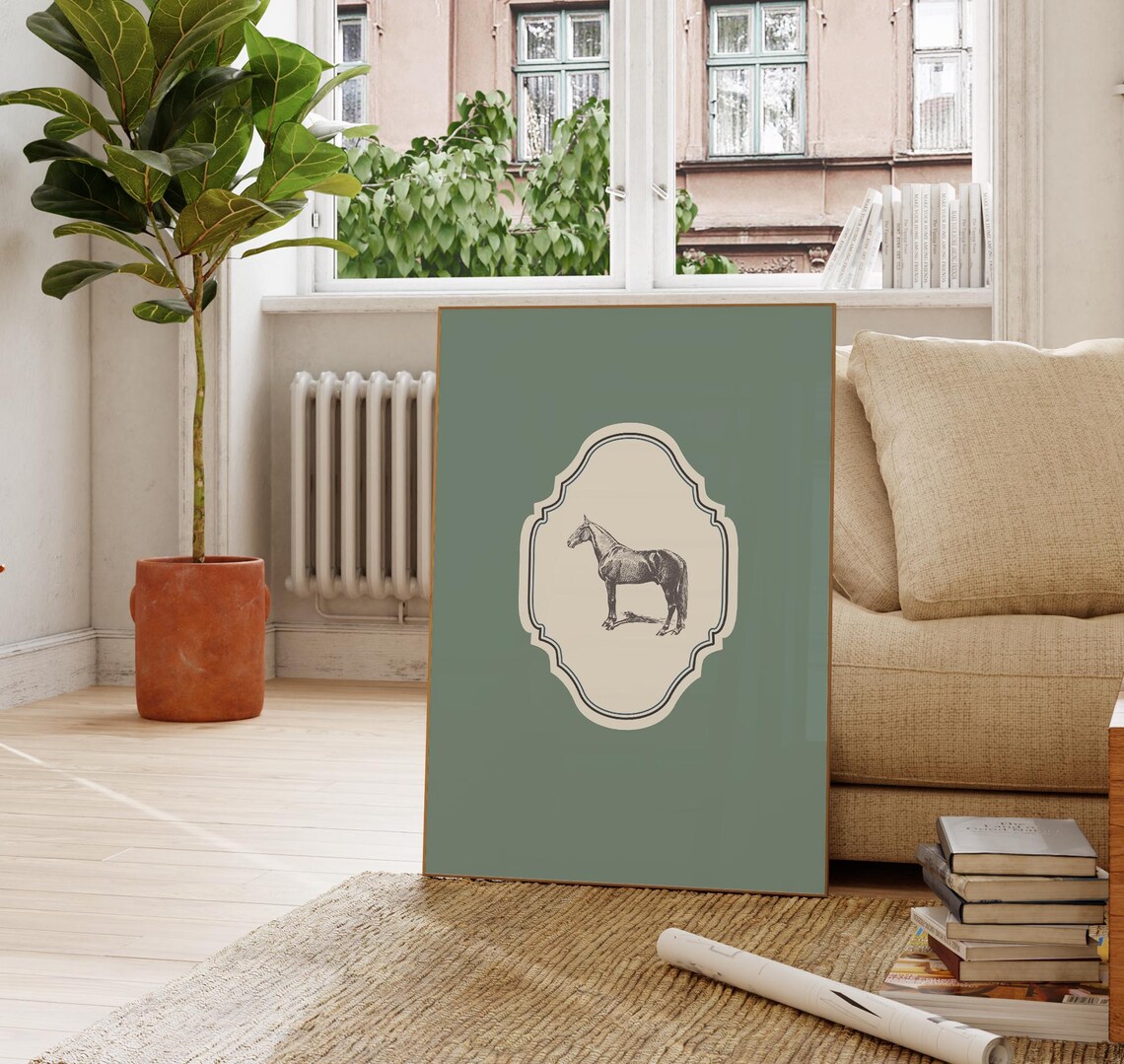 Vintage Horse Engraving Sage Green Ornate Vertical Nursery Poster - Image 4