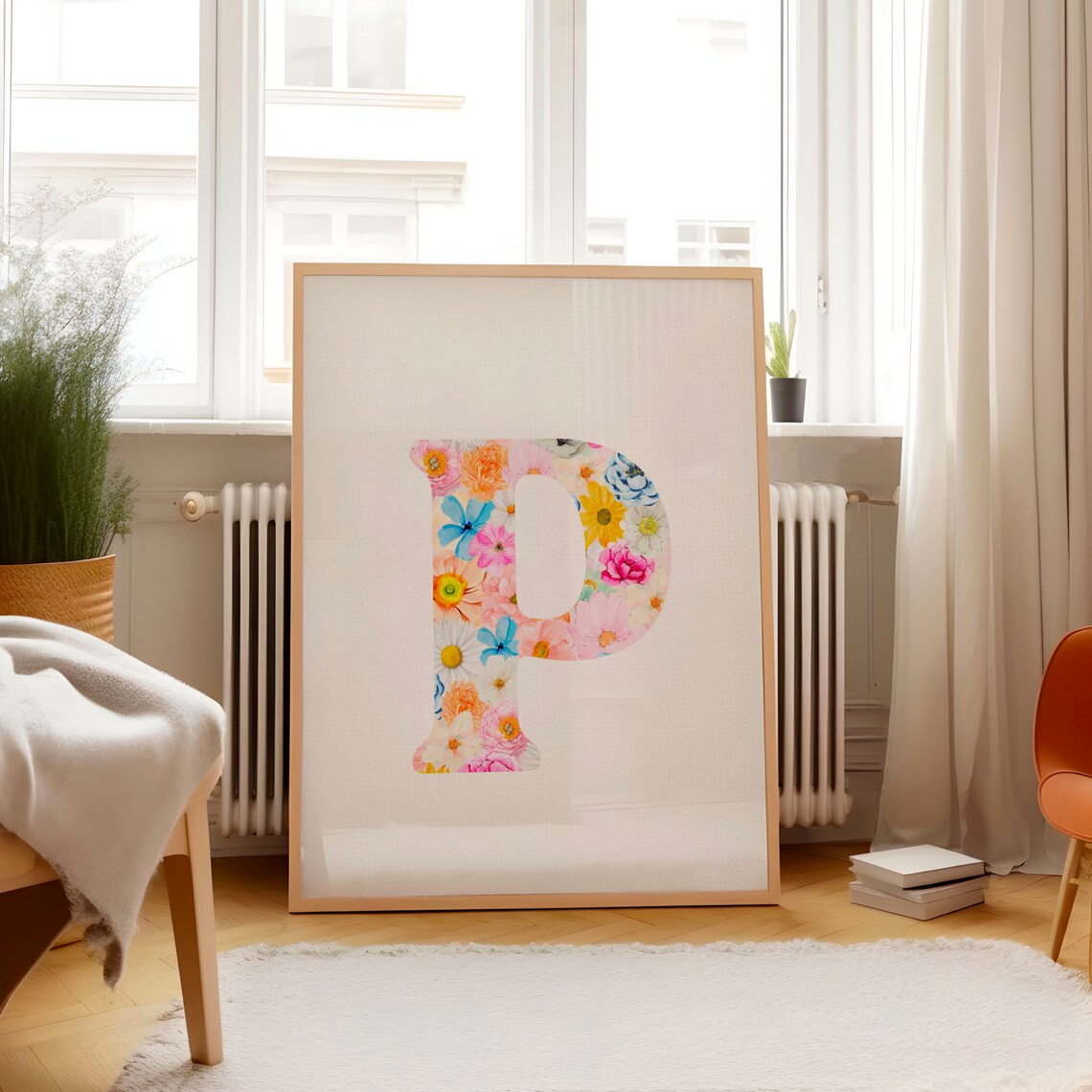 Floral Letter P Poster with Watercolor Wildflowers on Clean White - Image 2