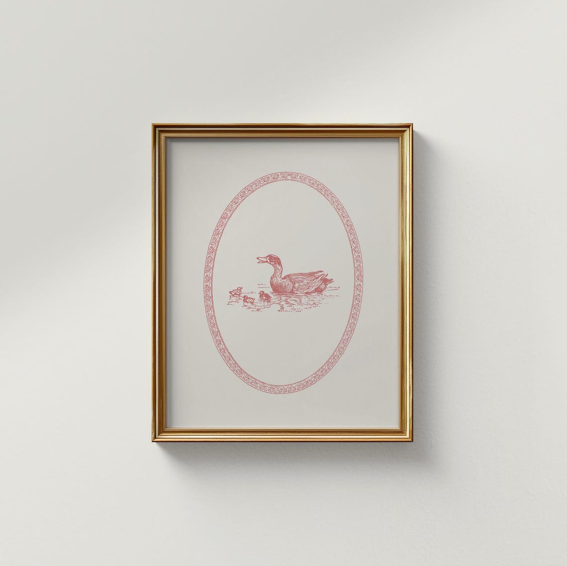 Rose Pink Duck and Ducklings Ornate Oval Border Vintage Nursery Print - Image 3