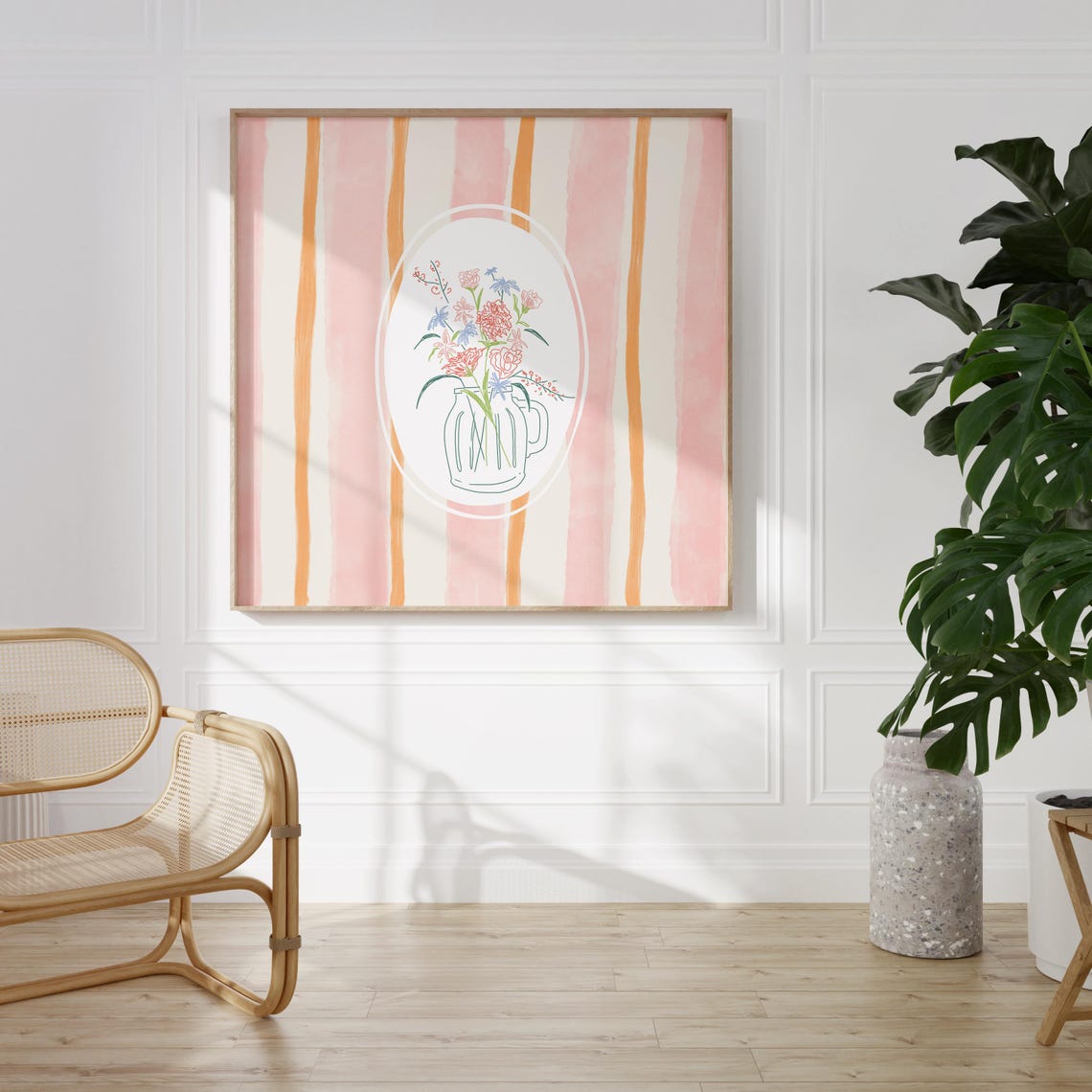 Pink Striped Watercolor Flower Vase Illustration Decor Poster - Image 2