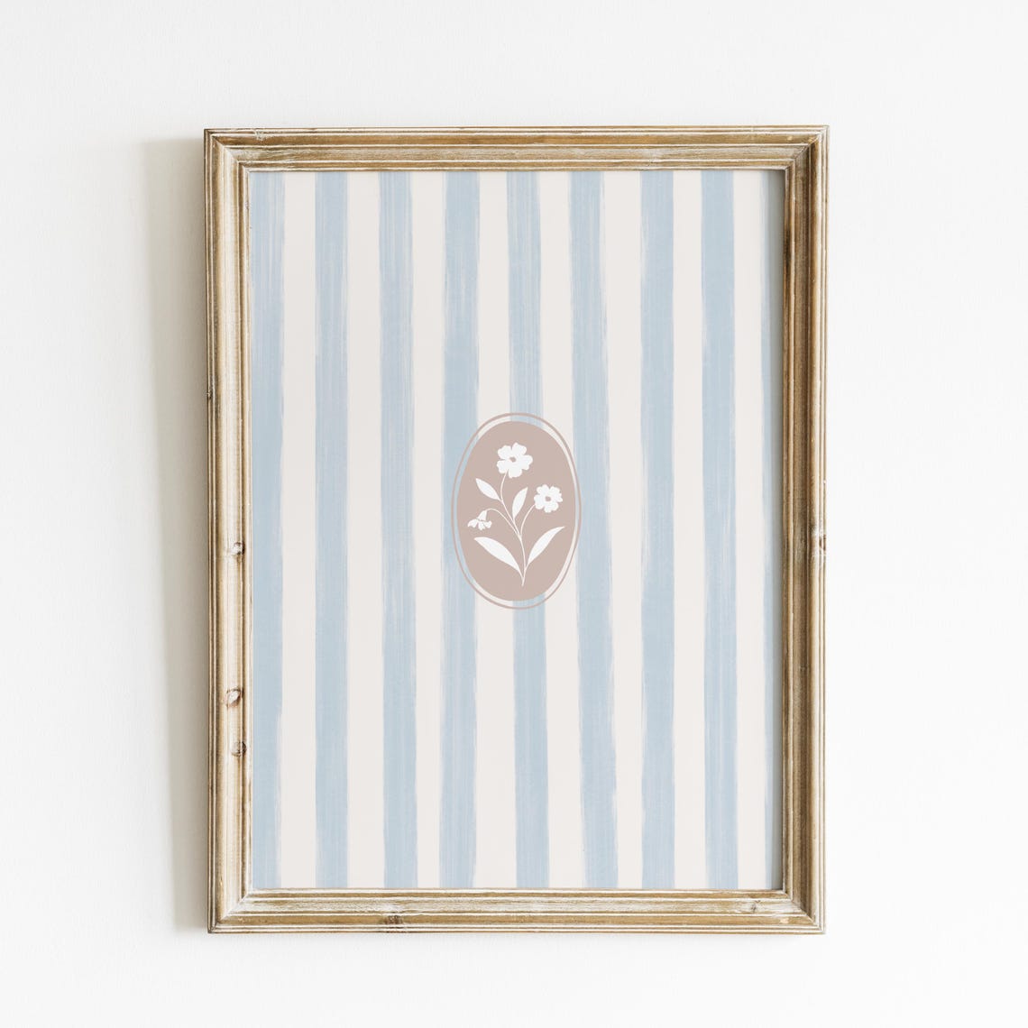 Blue Cream Striped Minimal Floral Medallion Modern Nursery Poster