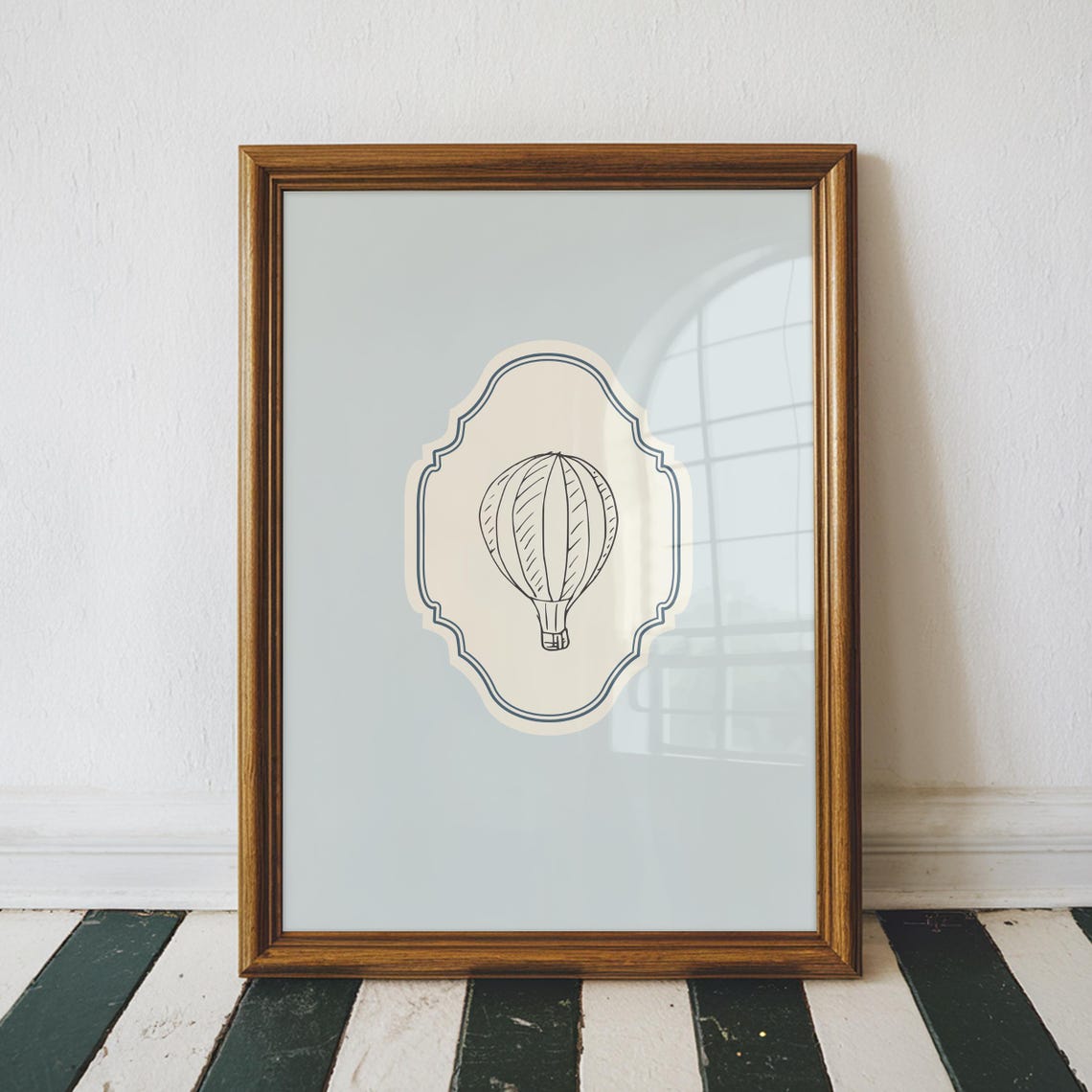 Vintage Hot Air Balloon Line Art Blue Ornate Vertical Nursery Poster - Image 2