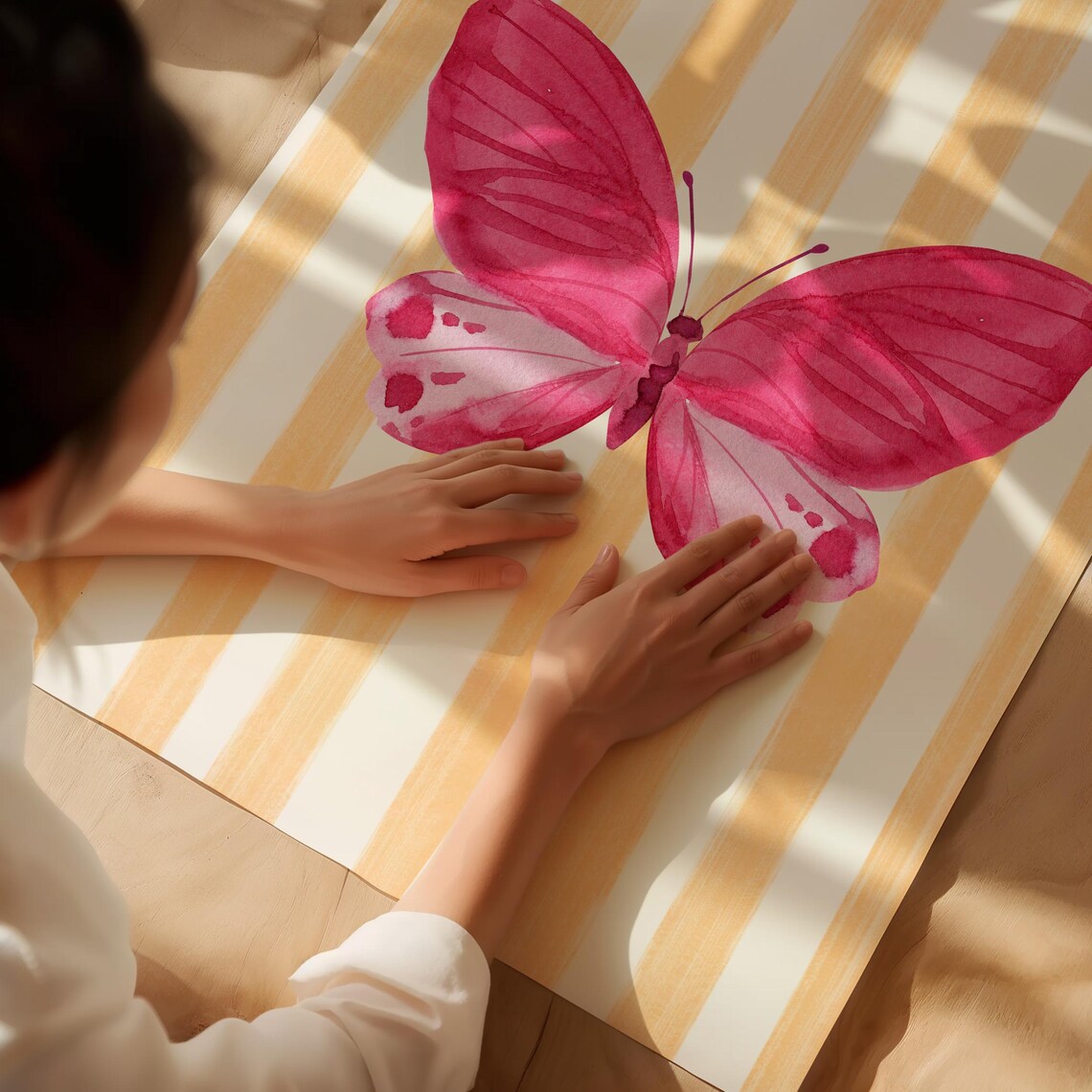 Pink Watercolor Butterfly Peach Stripe Background Nursery Art Poster - Image 2