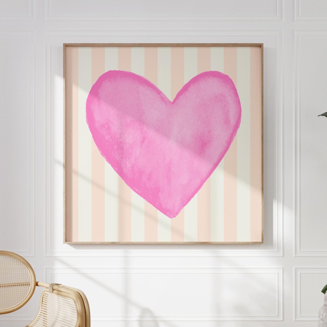 Bright Pink Watercolor Heart Peach Striped Valentine Wall Art Print - Image 4