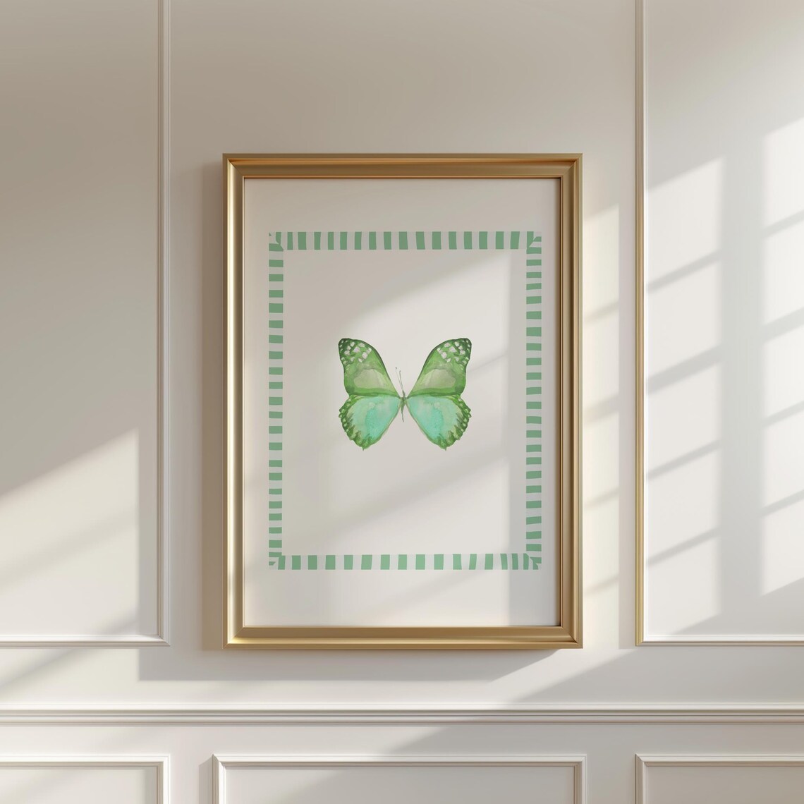 Green Butterfly Watercolor with Striped Border Nursery Print - Image 3