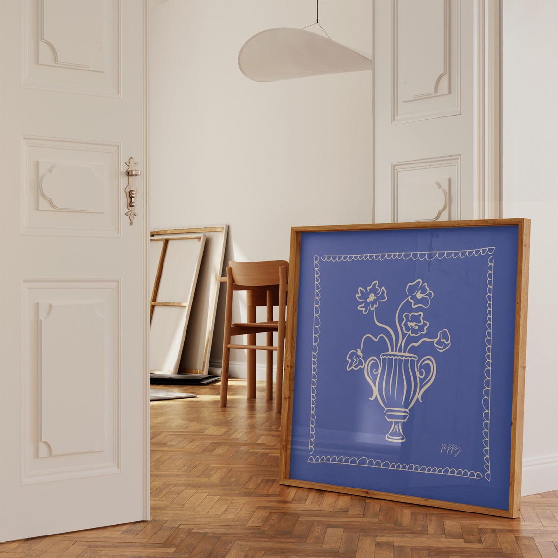 Cobalt Blue Background Cream Line Poppies Vase Modern Wall Poster - Image 4