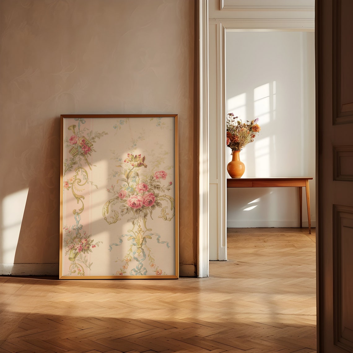 Victorian Rococo Floral Wallpaper with Pink Roses Scrollwork Poster - Image 2
