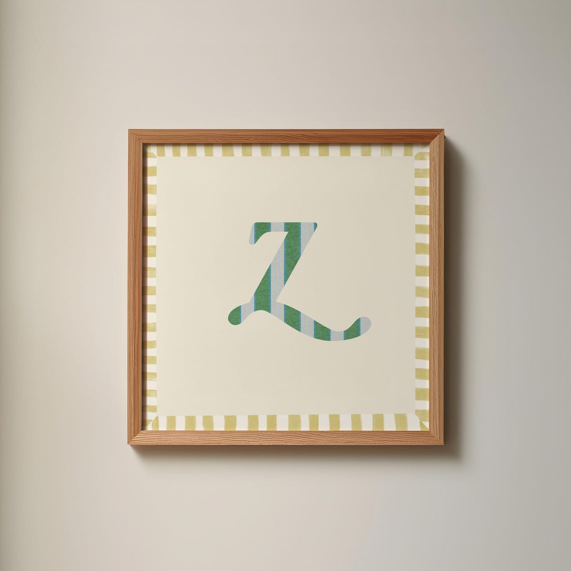 Swash Letter Z Green Blue Striped Monogram Cream Framed Art Print - Image 4