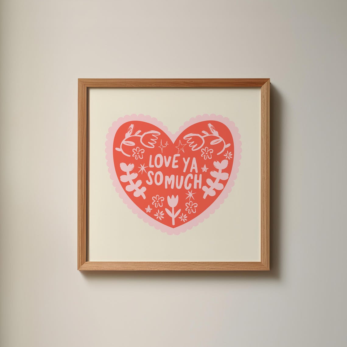 Coral Red Heart Love Ya So Much Doodle Valentine Wall Art Print