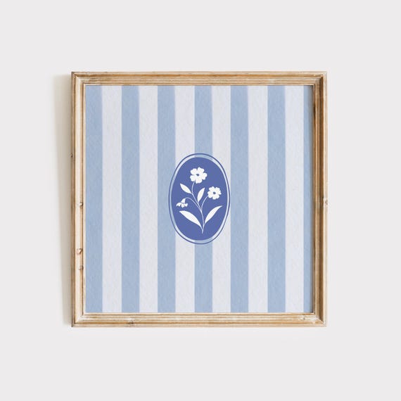 Blue Striped Floral Print Instant Wall Art Trendy Decor Botanical Illustration Living Room Art Cottage Nursery