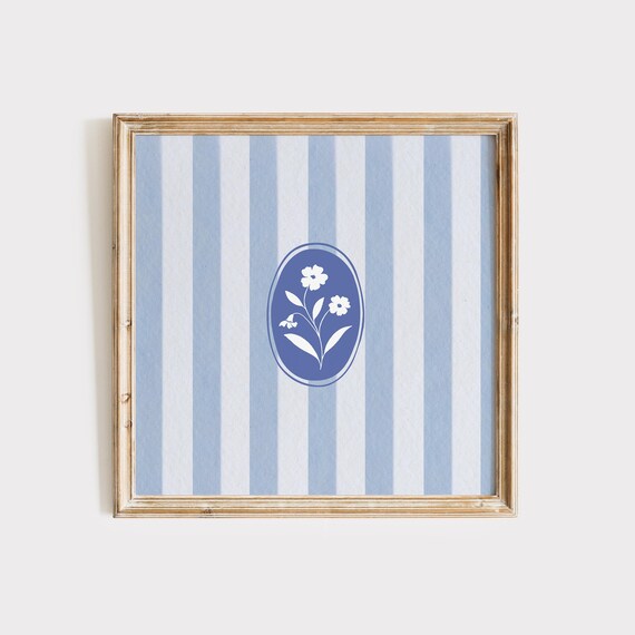 Blue Striped Oval Navy Medallion White Floral Square Decor Poster