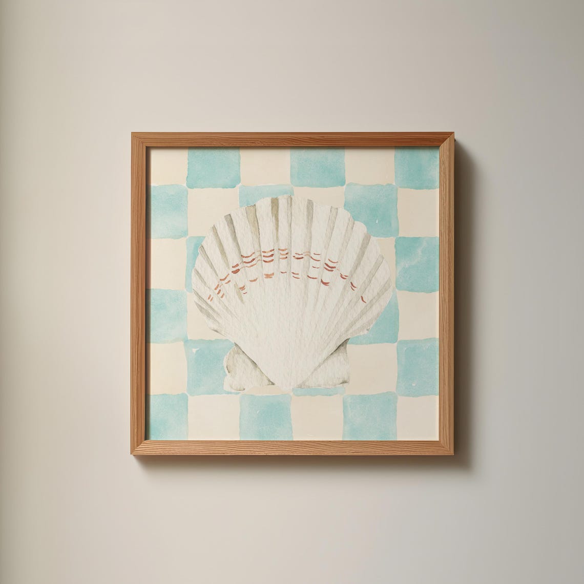 White Scallop Shell Turquoise Checkered Coastal Watercolor Art Poster - Image 5