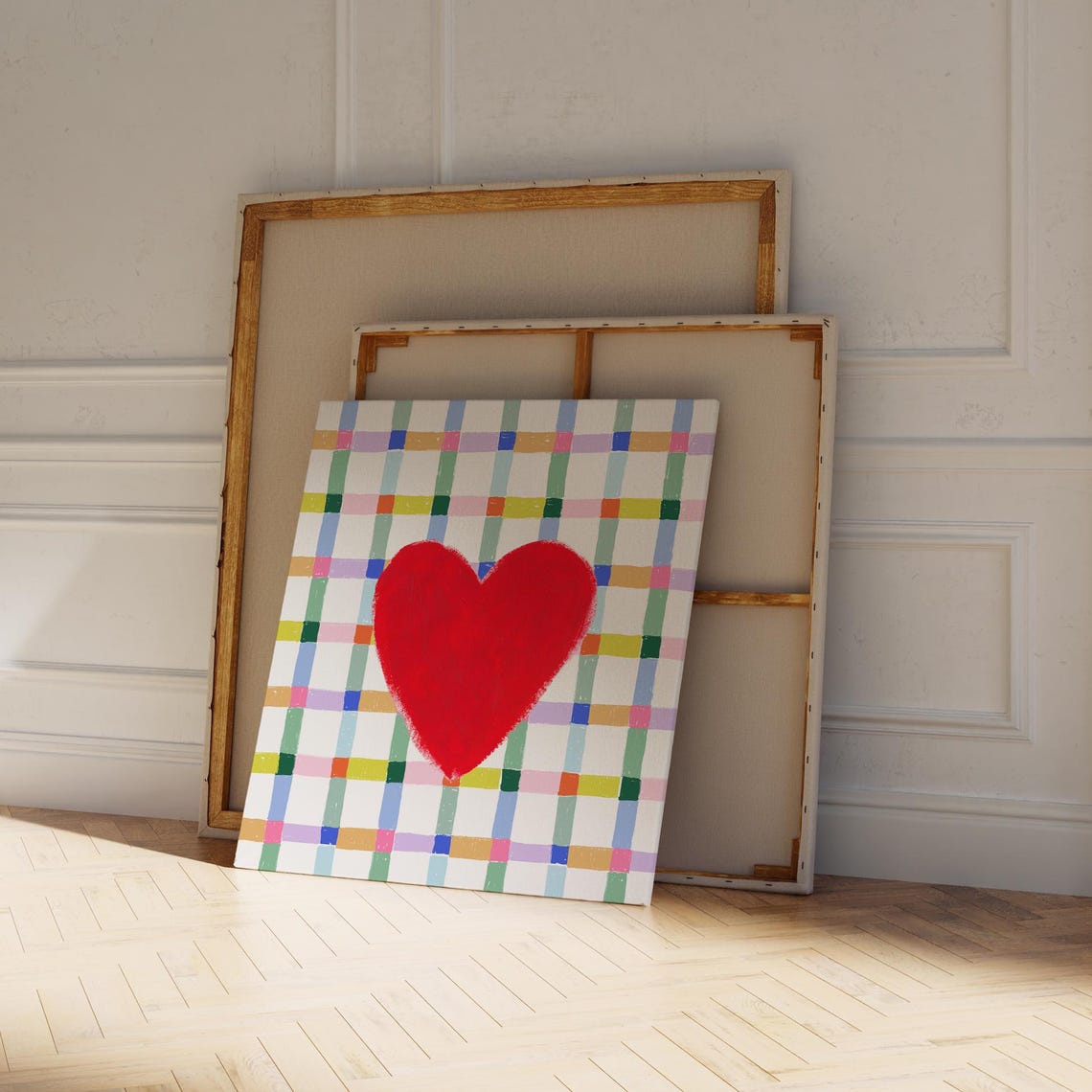 Bold Red Watercolor Heart Colorful Check Plaid Love Theme Wall Art - Image 4