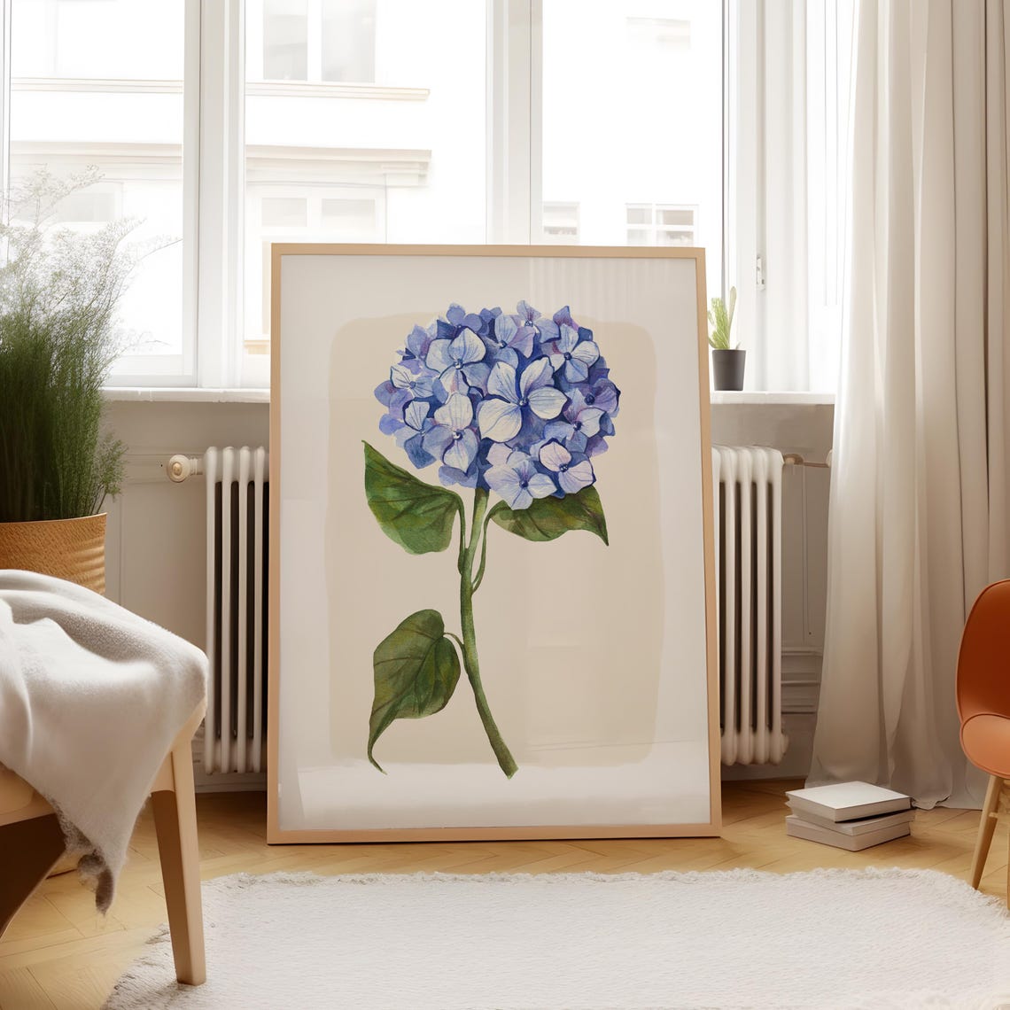 Blue Hydrangea Bloom Watercolor Large Stem Botanical Wall Art Print - Image 3