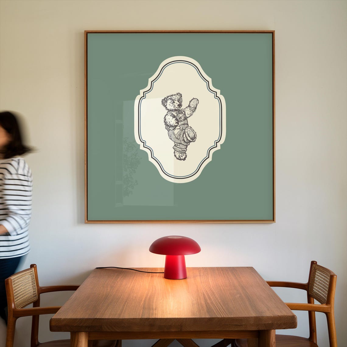 Vintage Waving Teddy Bear Sage Green Ornate Square Nursery Poster - Image 3