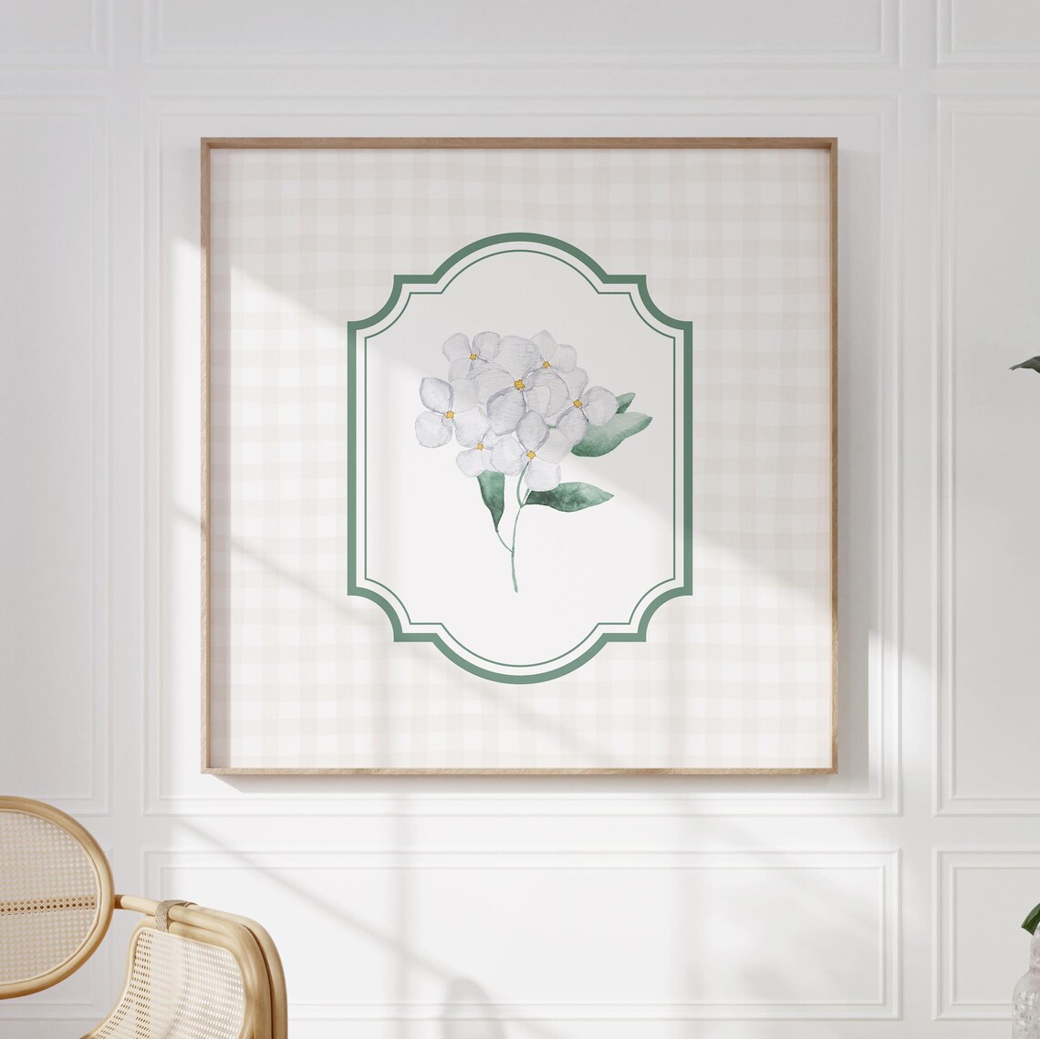 White Dogwood Blossoms in Green Cartouche Frame on Cream Gingham Poster - Image 2