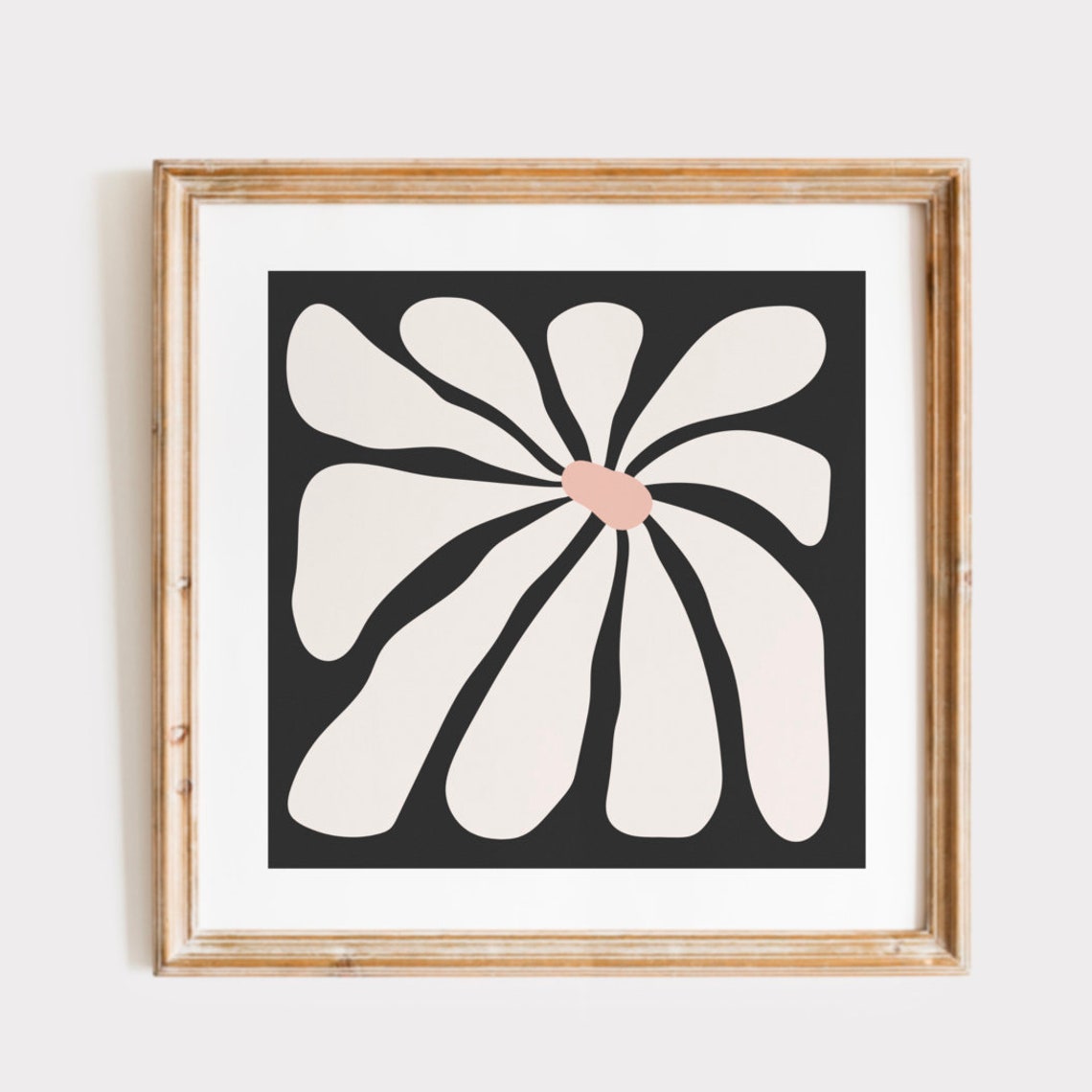 Charcoal Black Abstract Flower Cream Petals Square Art Print