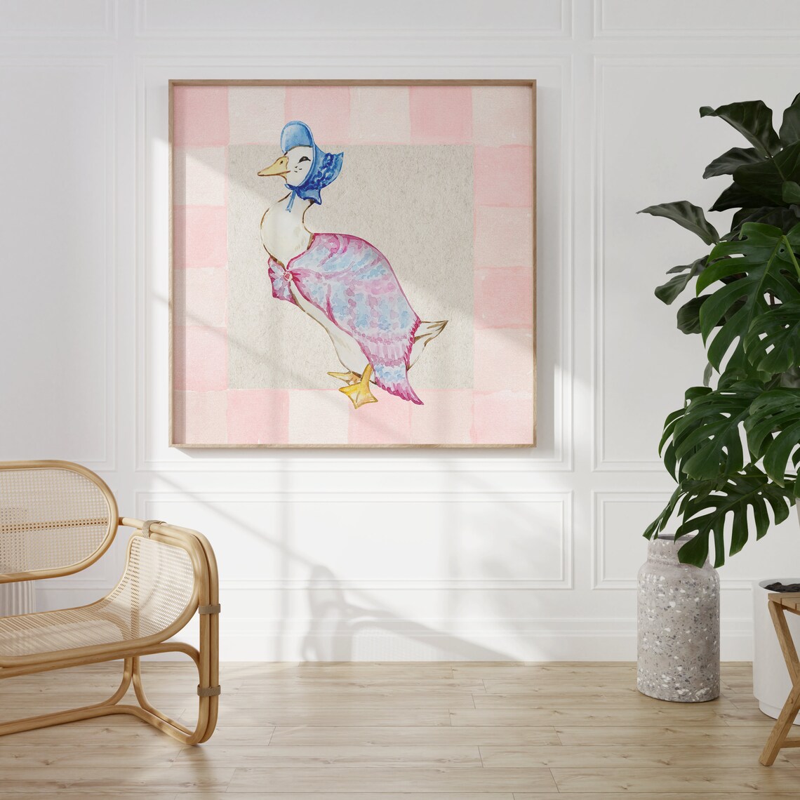 Mother Goose in Bonnet and Shawl on Pink Checkered Nursery Poster - Image 2
