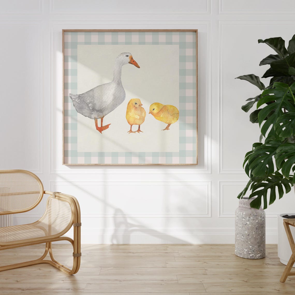Goose and Two Chicks Watercolor Blue Gingham Nursery Wall Poster - Image 2