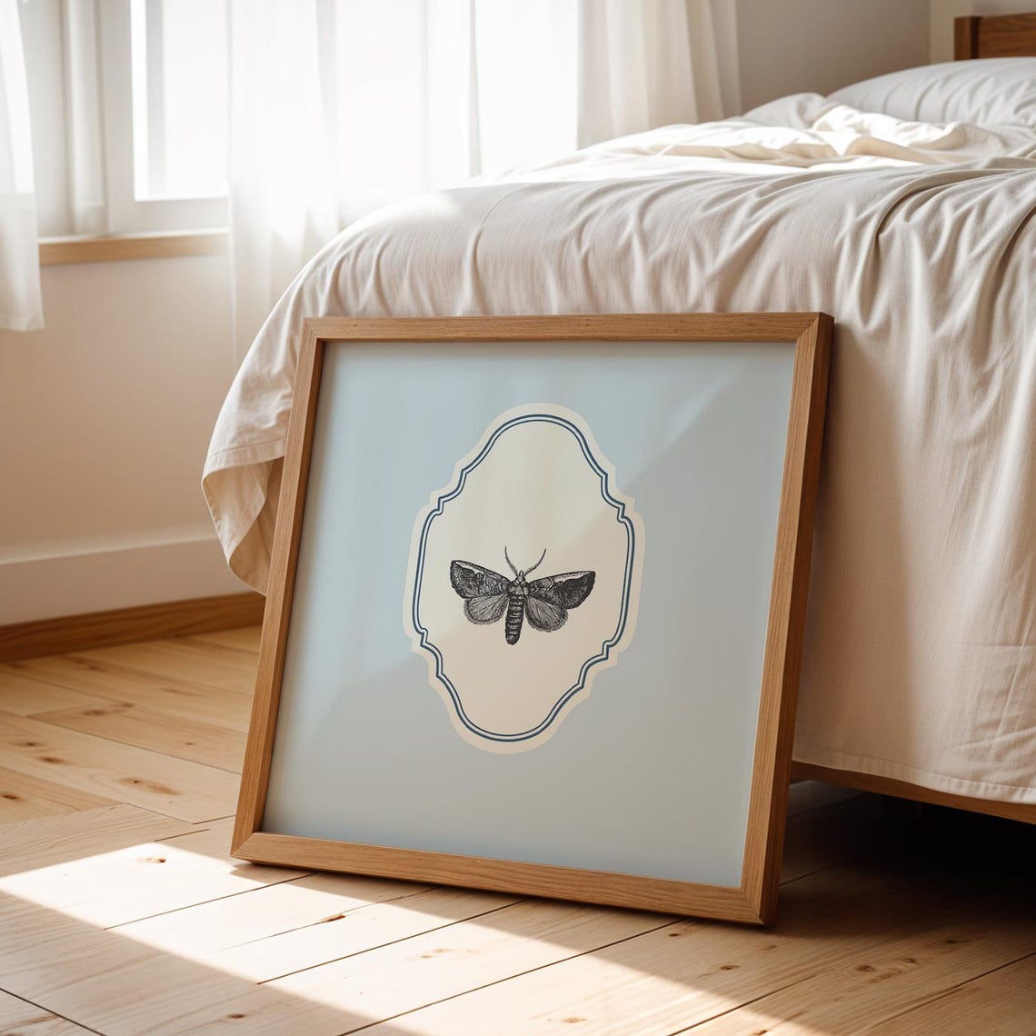 Vintage Moth Engraving Baby Blue Ornate Square Nursery Nature Poster